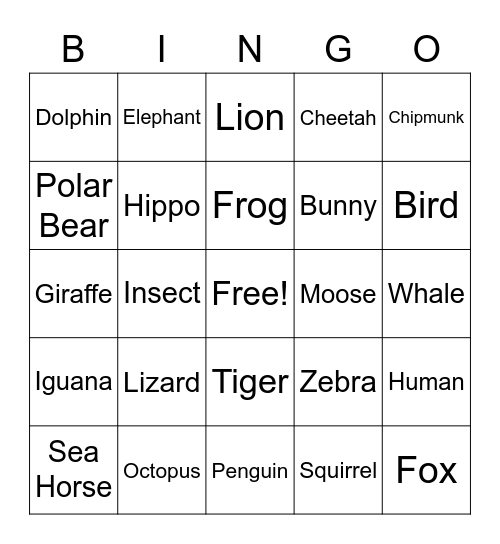 Animal Bingo Card