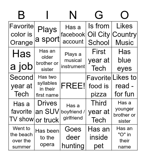 INTRODUCTORY Bingo Card