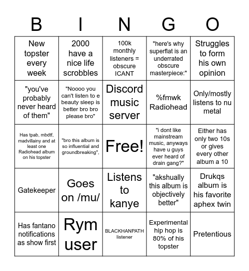 music nerd bingo Card