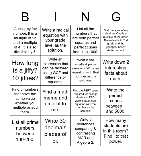 Bonus Points Bingo Card