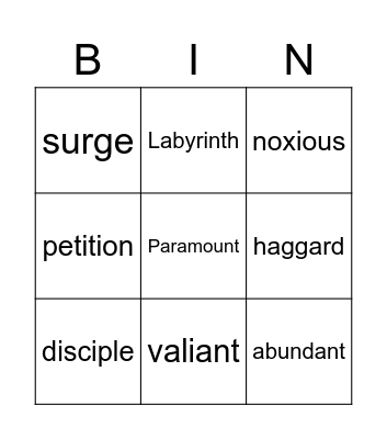 Vocabulary Bingo! Bingo Card