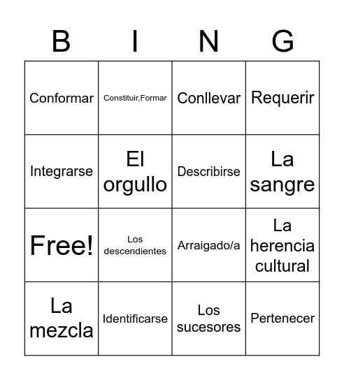 Vocabulario Bingo Card