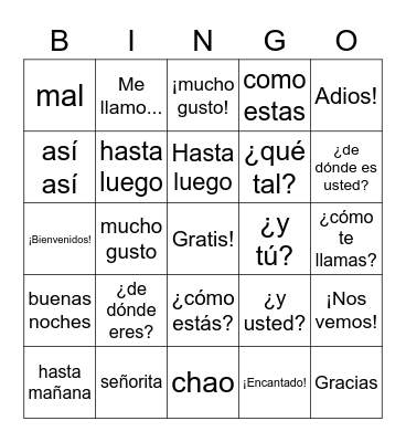 Spanish Greetings Bingo Card
