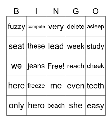 Long /ee/ Words Bingo Card
