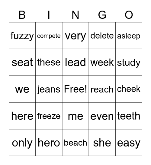 Long /ee/ Words Bingo Card