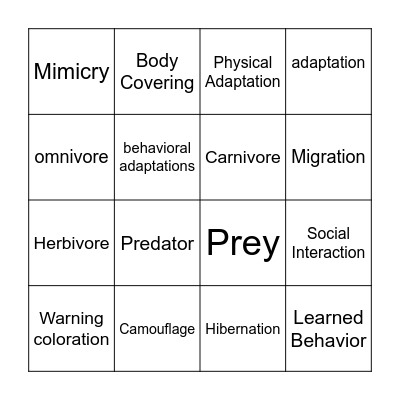 Animal Adaptations Bingo Card