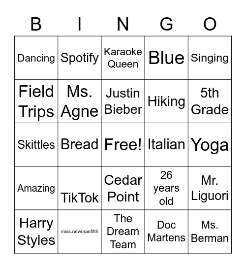 All About Ms.Newman Bingo Card