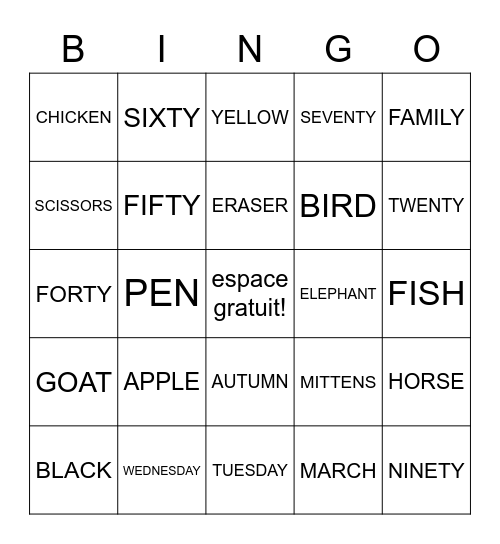 Vocabulaire Bingo Card