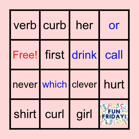 Week 26: ir, ur, er & Sight Words Bingo Card
