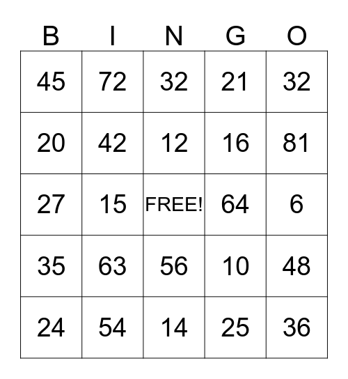 Multiplication Facts Bingo Card