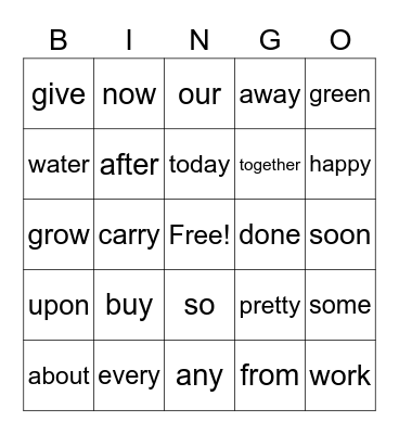 1st Grade High Frequency Words Bingo Card