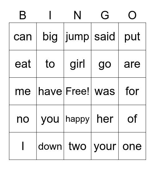 Sight Words Bingo Card