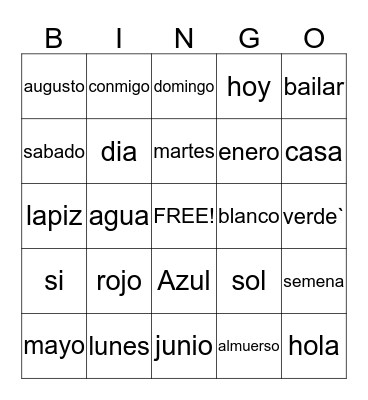 Our Spanish Words Bingo Card