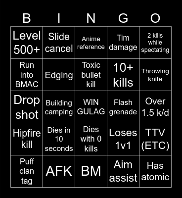 Big Puffer Warzone Bingo Card