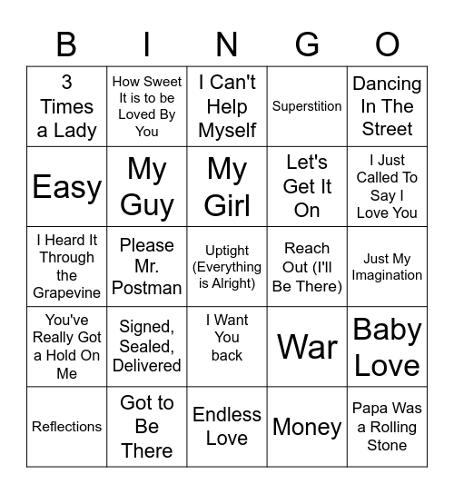 Musical Bingo - MOTOWN Bingo Card