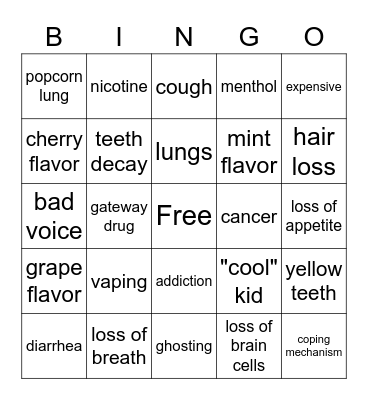 Effects of Vaping Bingo Card