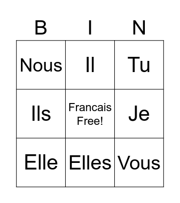 French Pronouns Bingo Card
