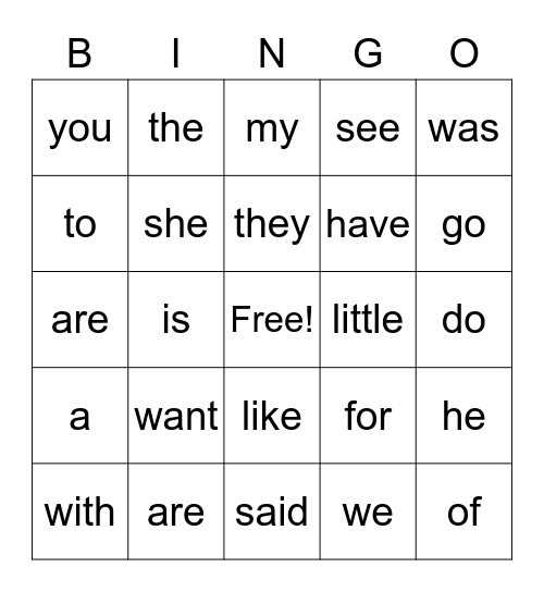 Sight Words 1-7 Bingo Card