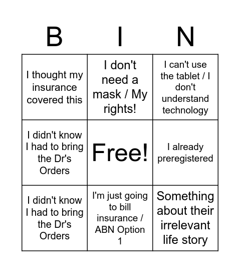 Things Patients Say Bingo Card