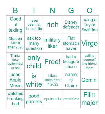 Hana’s very specific red flag Bingo Card