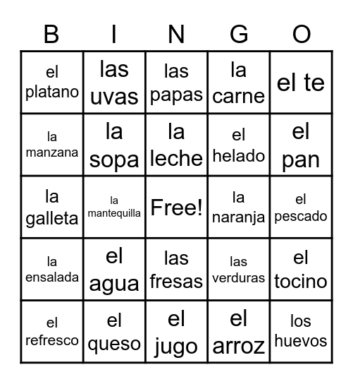 la comida Bingo Card