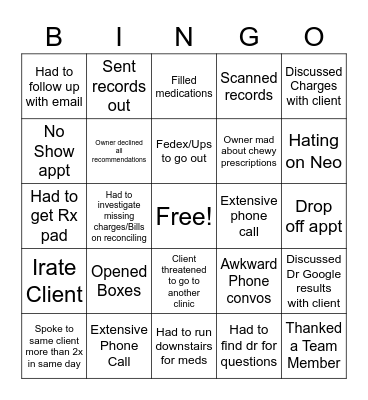 Veterinary Reception Bingo Card