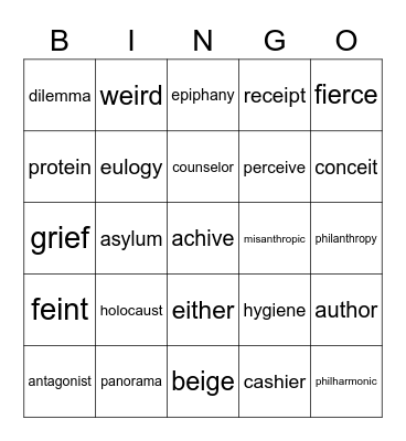 Spelling List 1B Tenth Grade Bingo Card