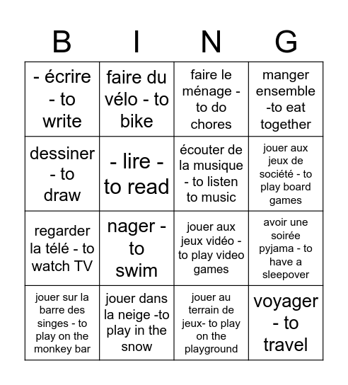 French words2# Bingo Card