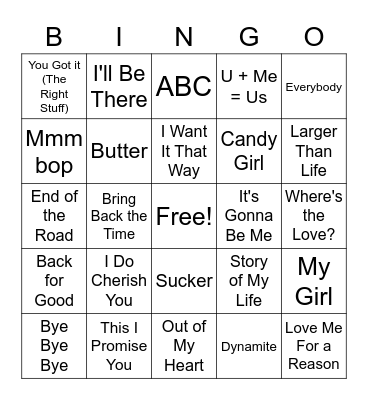 Boy Band Bingo Card