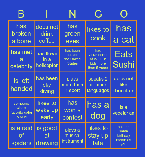 Get to know other WEC Volunteers! Bingo Card