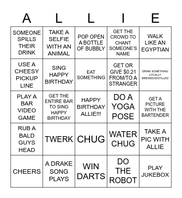 ALLIE'S 21ST BIRTHDAY BINGO Card