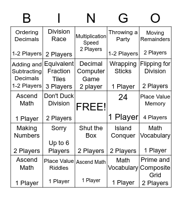 Math Workstations Bingo Card