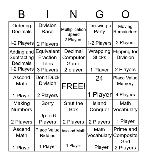 Math Workstations Bingo Card