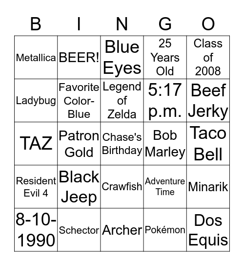 Chase's Birthday Bingo Card