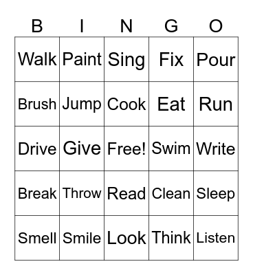 Action Verb Bingo Card