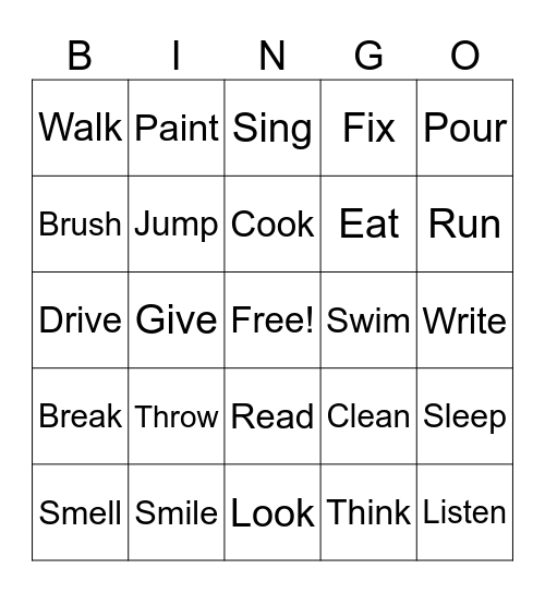 Action Verb Bingo Card