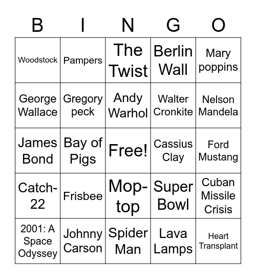 1960s Bingo Card