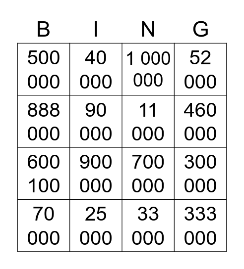 LARGE NUMBERS Bingo Card