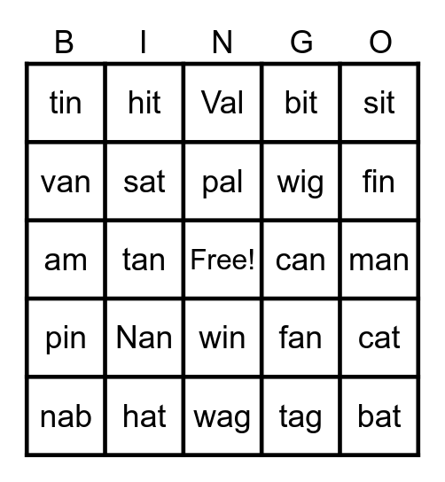 Bingo Short a and Short i Bingo Card
