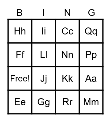 Letters Aa - Ss Bingo Card