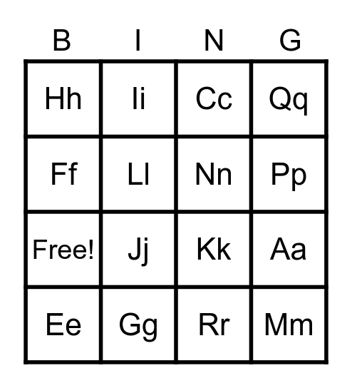 Letters Aa - Ss Bingo Card