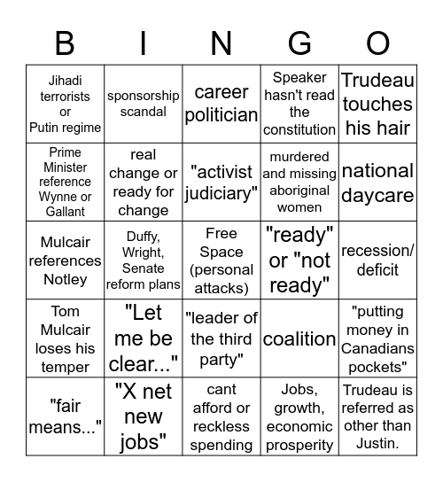 #Elxn42 Debate Bingo Card