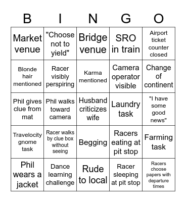 Amazing Race Bingo Card
