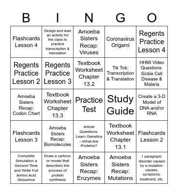 Unit 7: Protein Synthesis Bingo Card