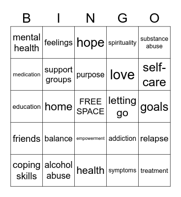 RECOVERY Bingo Card