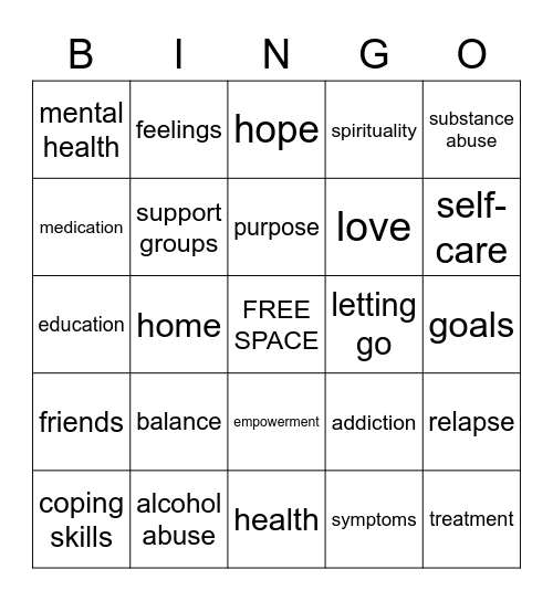 RECOVERY Bingo Card