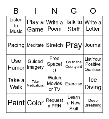 Positive Coping Skills Bingo Card