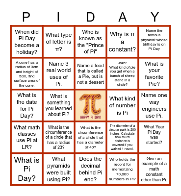 Pi Day Bingo Card