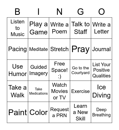 Positive Coping Skills Bingo Card