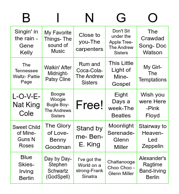 Musical Bingo Card